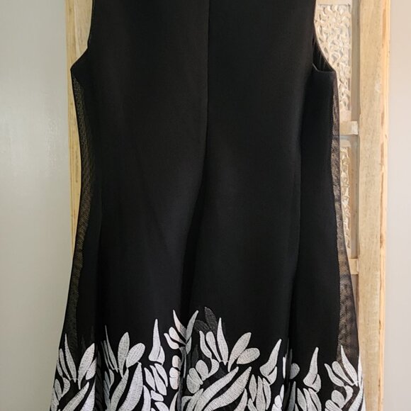 DKNY Black Mesh Fit & Flare Dress with White Leaf Embroidery Size 14 - Picture 2 of 9